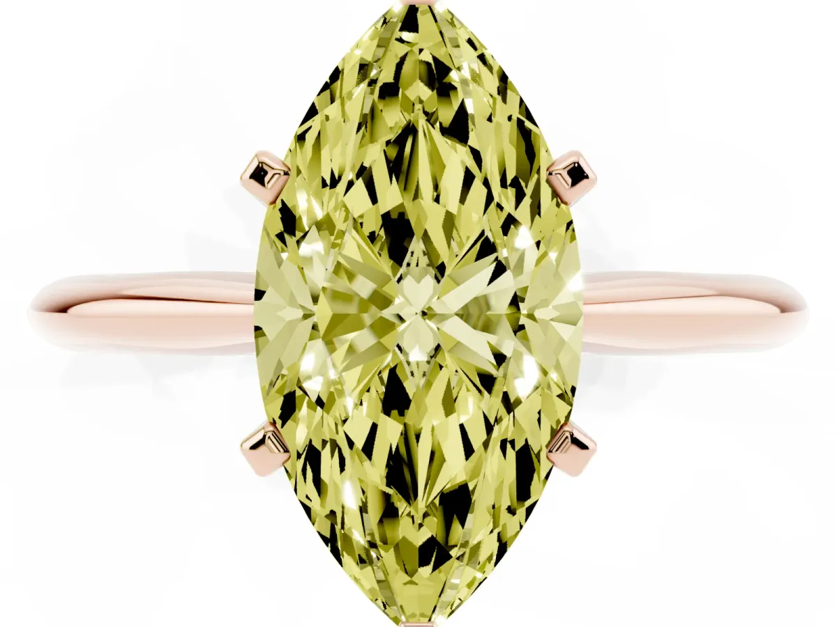 Fancy Yellow Marquise Cut Cut Solitaire Ring with Four-Prong Setting on a Classic Band Rose gold