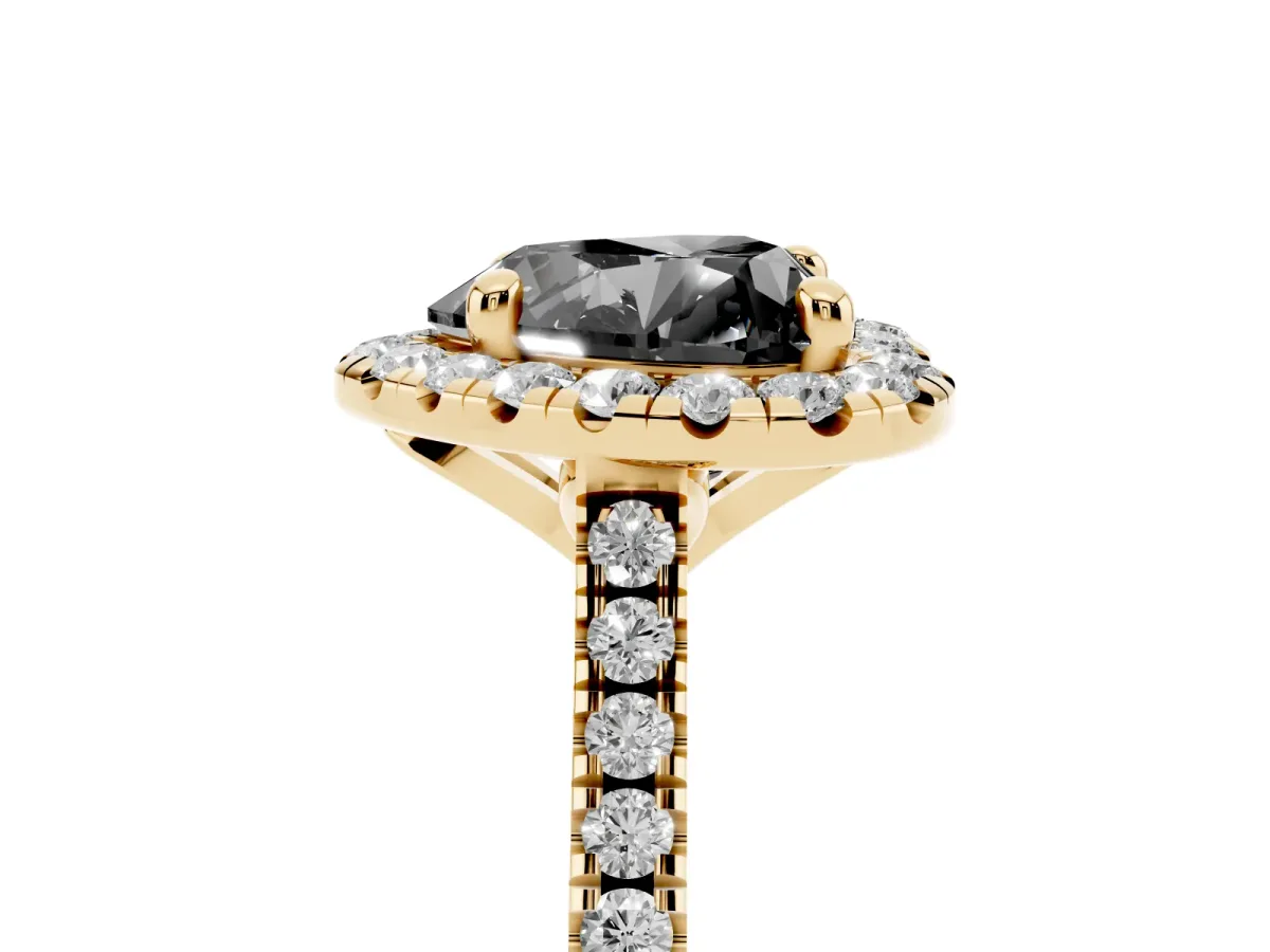 Fancy Black Heart Cut Diamond Cushion Halo Ring with Pavé Band Yellow gold