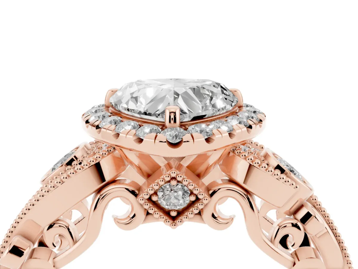 Heart Cut Diamond Halo Ring with Milgrain Pavé Band and Four-Prong Setting Rose gold