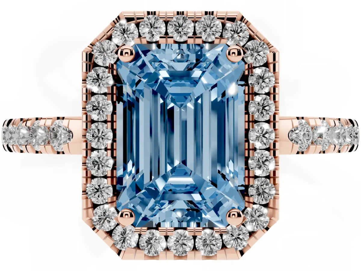 Fancy Blue Emerald Cut Halo Diamond Engagement Ring with Pavé Band and Four-Prong Setting Rose gold