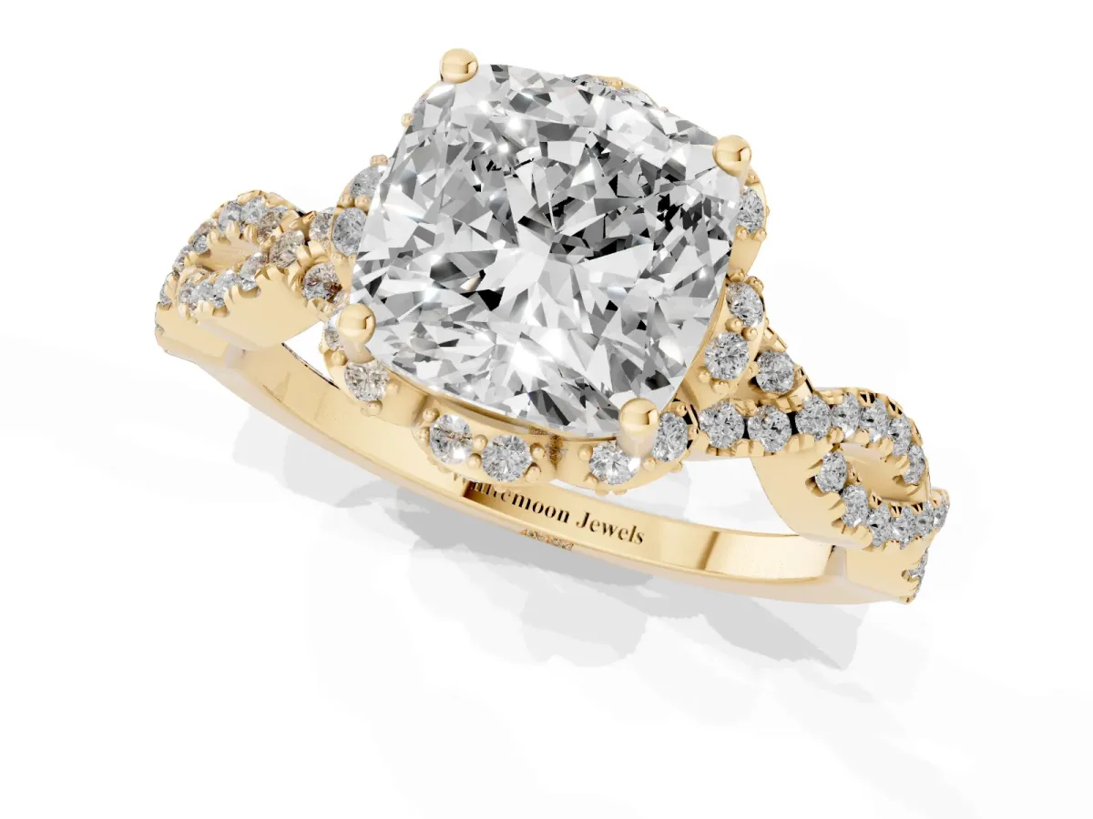 Cushion Cut Halo Twist Band Solitaire Ring with Six-Prong Setting Yellow gold