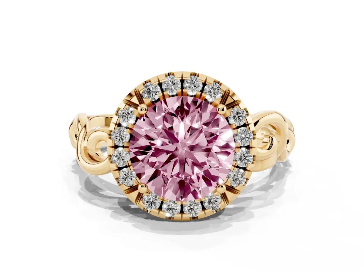 Fancy Pink Round Cut Cut Halo Diamond Ring with Scrollwork Band and Four-Prong Setting Yellow gold