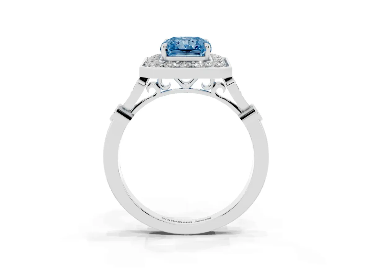 Fancy Blue Radiant Cut Halo Diamond Engagement Ring with Twisted Band and Four-Prong Setting White gold