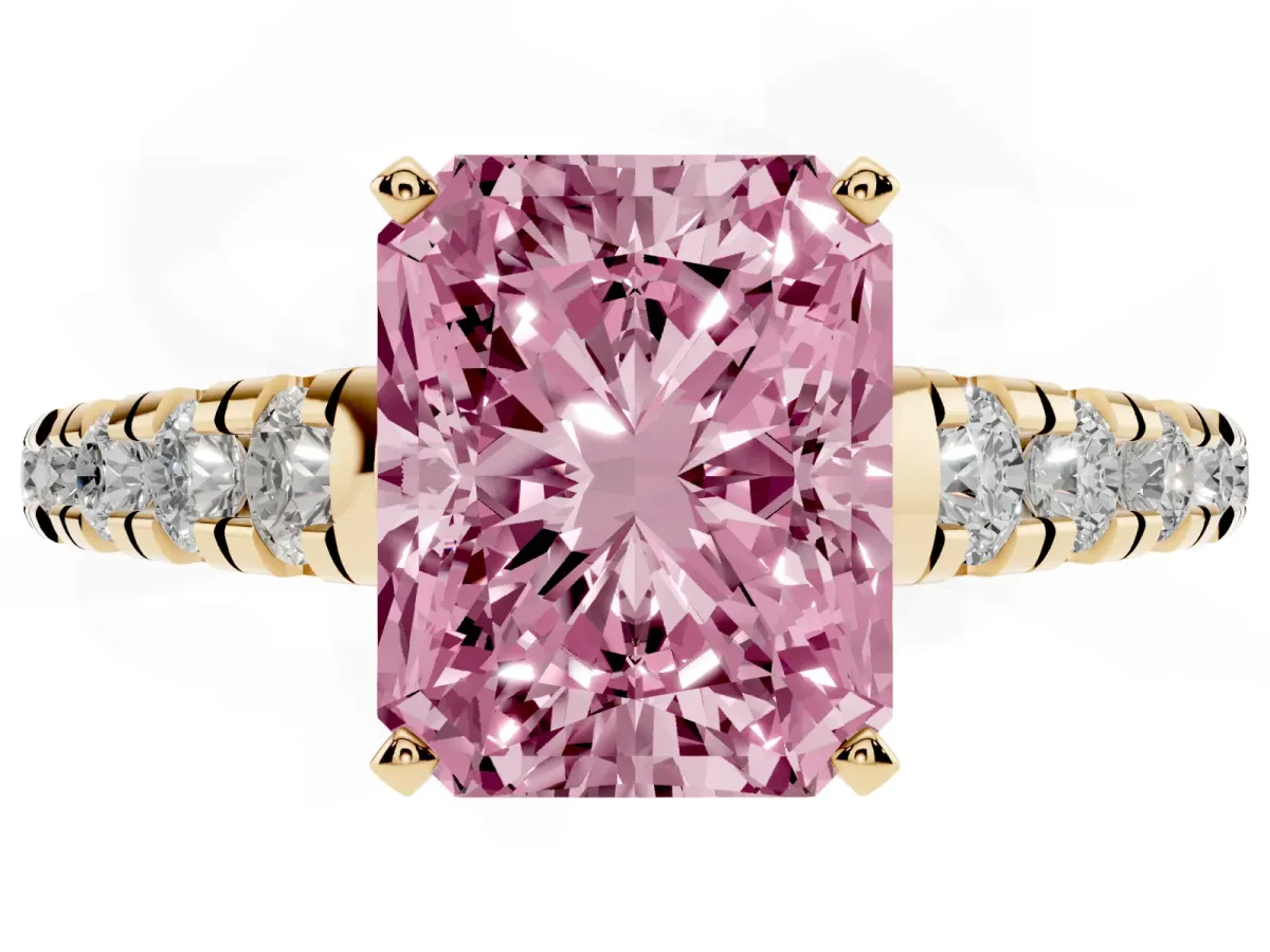Fancy Pink Radiant Cut Diamond Cathedral Solitaire Ring with Round Pavé Band Yellow gold