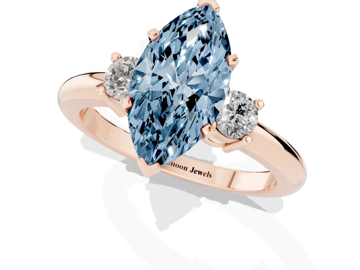 Fancy Blue Three-Stone Marquise Cut Cut Diamond Solitaire with Prong Setting and Classic Band Rose gold