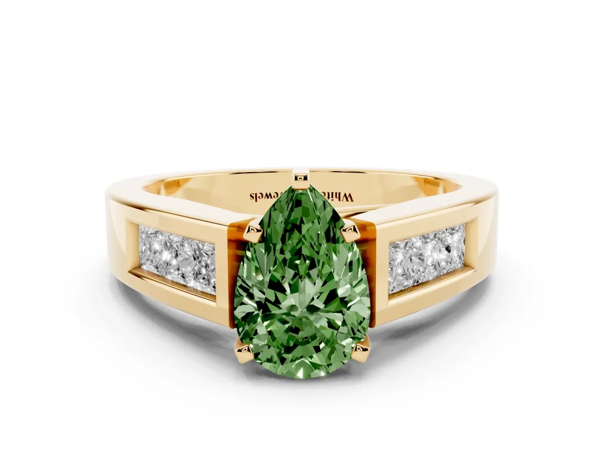 Fancy Green Pear Cut Cut Channel Set Solitaire Ring with Four-Prong Setting Yellow gold