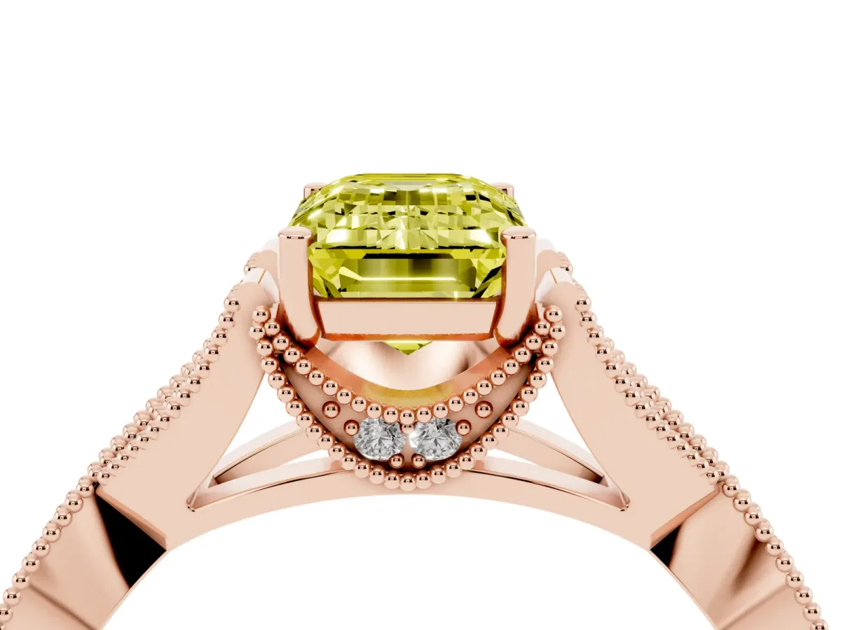 Fancy Yellow Emerald Cut Cut Diamond Twisted Band with Milgrain Pave Setting and Four-Prong Setting Rose gold