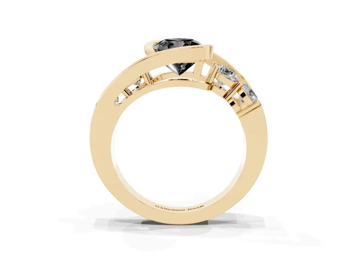 Fancy Black Bezel Set Cushion Cut Diamond Bypass Ring with Round Accents Yellow gold