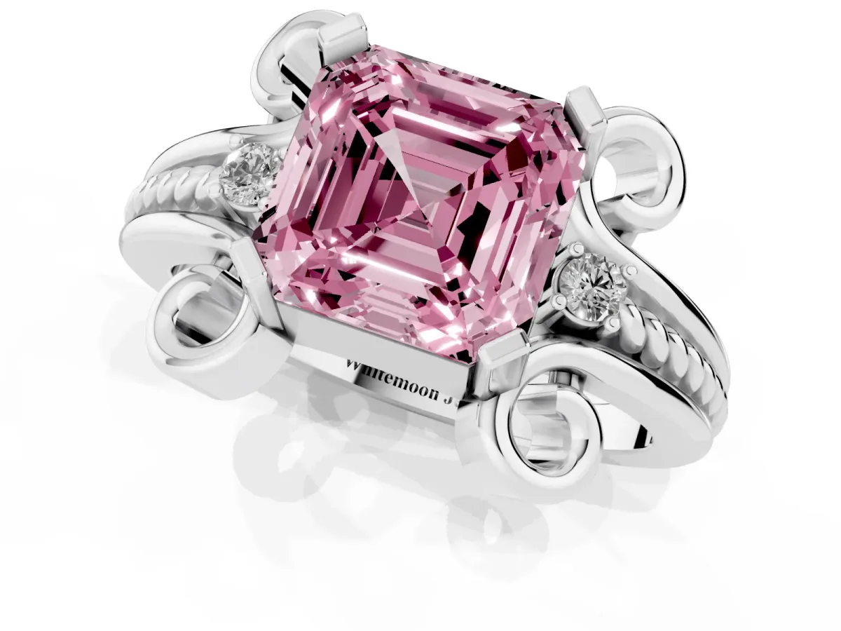 Fancy Pink Asscher Cut Solitaire Twisted Band Scroll Prong Ring White gold