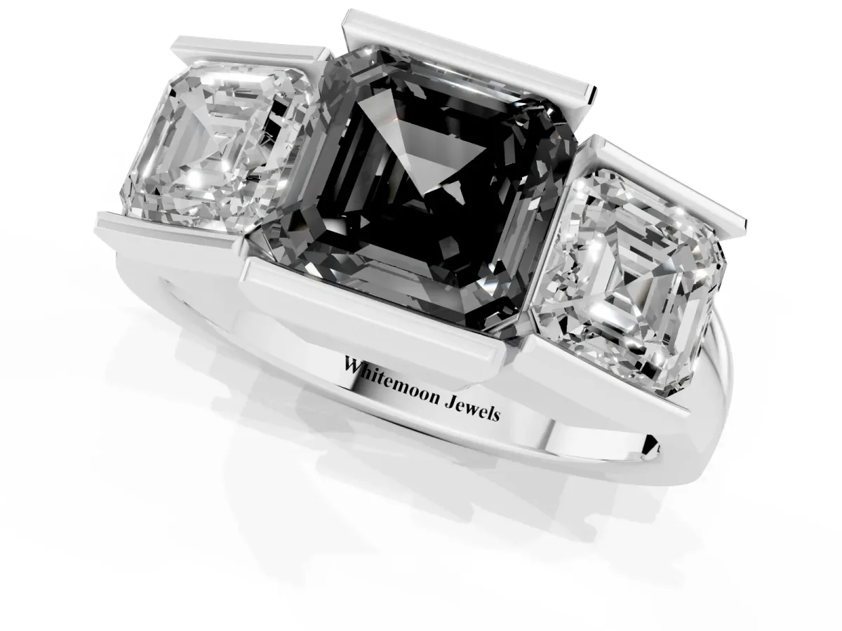 Fancy Black Three Stone Asscher Cut Cut Channel Set Diamond Ring Silver