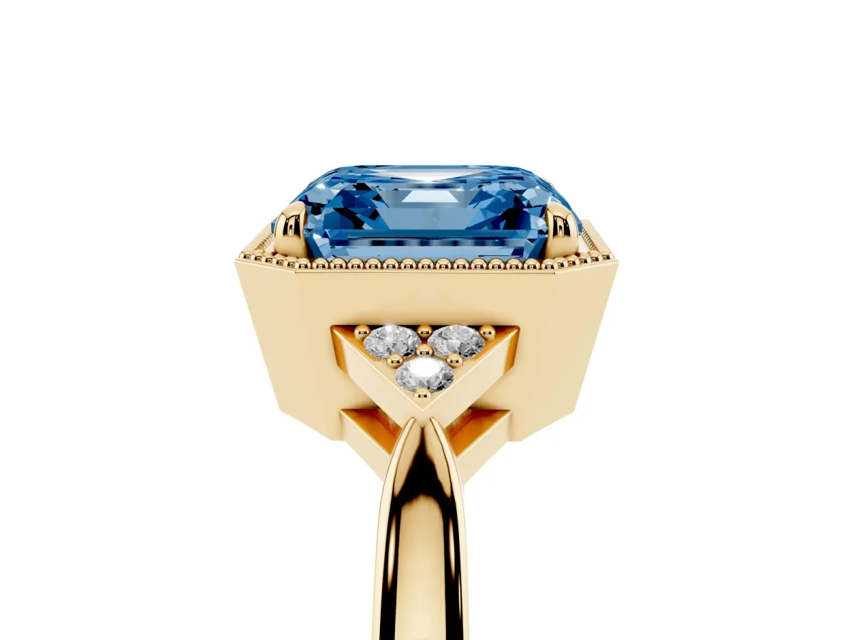 Fancy Blue Asscher Cut Diamond Halo Ring with Tapered Band and Four-Prong Setting Yellow gold