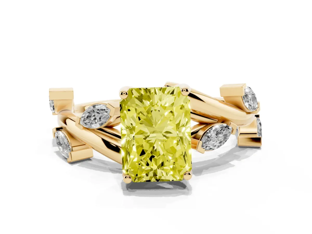 Fancy Yellow Radiant Cut Solitaire Twisted Band Marquise Accent Prong Setting Ring Yellow gold