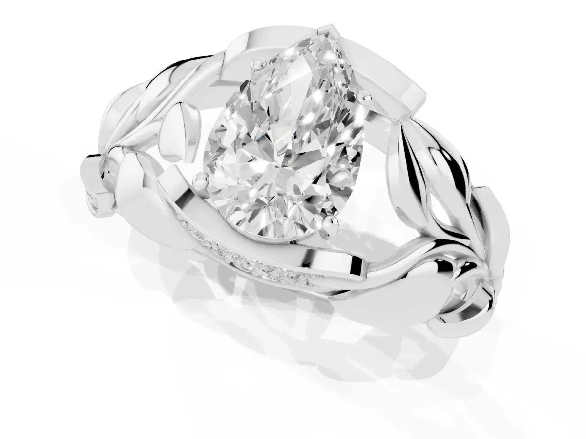 Pear Cut Diamond Leaf-Inspired Engagement Ring with Round Accents and Prong Setting Silver