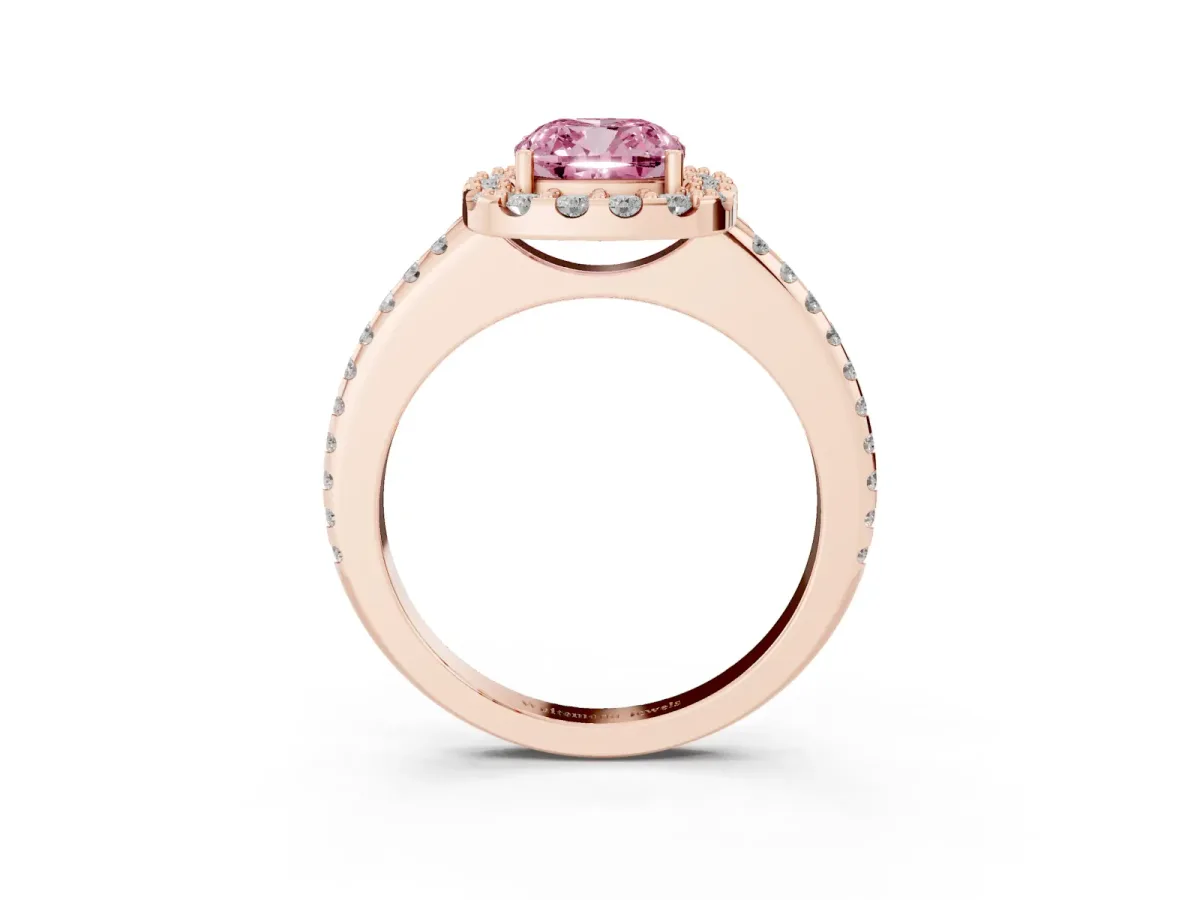 Fancy Pink Cushion Cut Diamond Pavé Halo Ring with Four-Prong Setting Rose gold