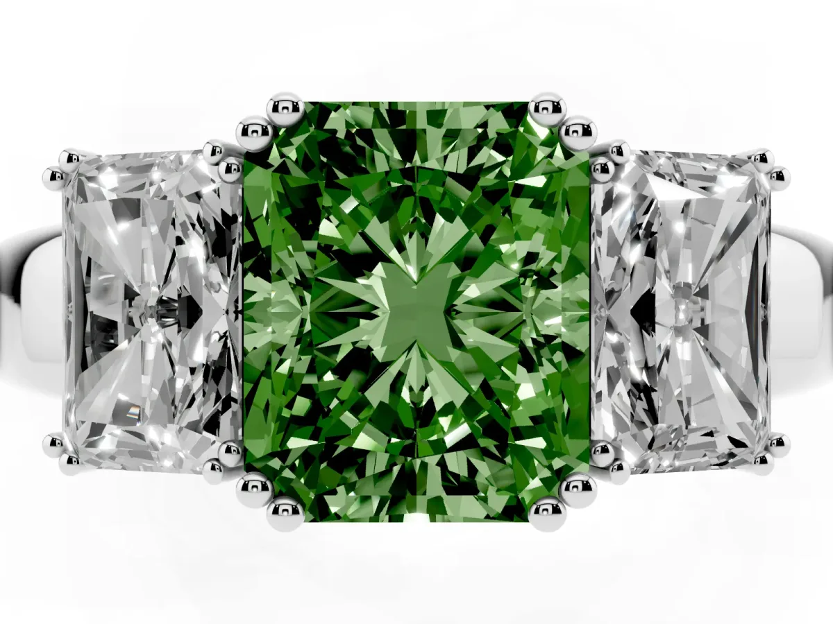 Fancy Green Three-Stone Radiant Cut Cut Diamond Ring with Channel Set Band and Four-Prong Setting White gold