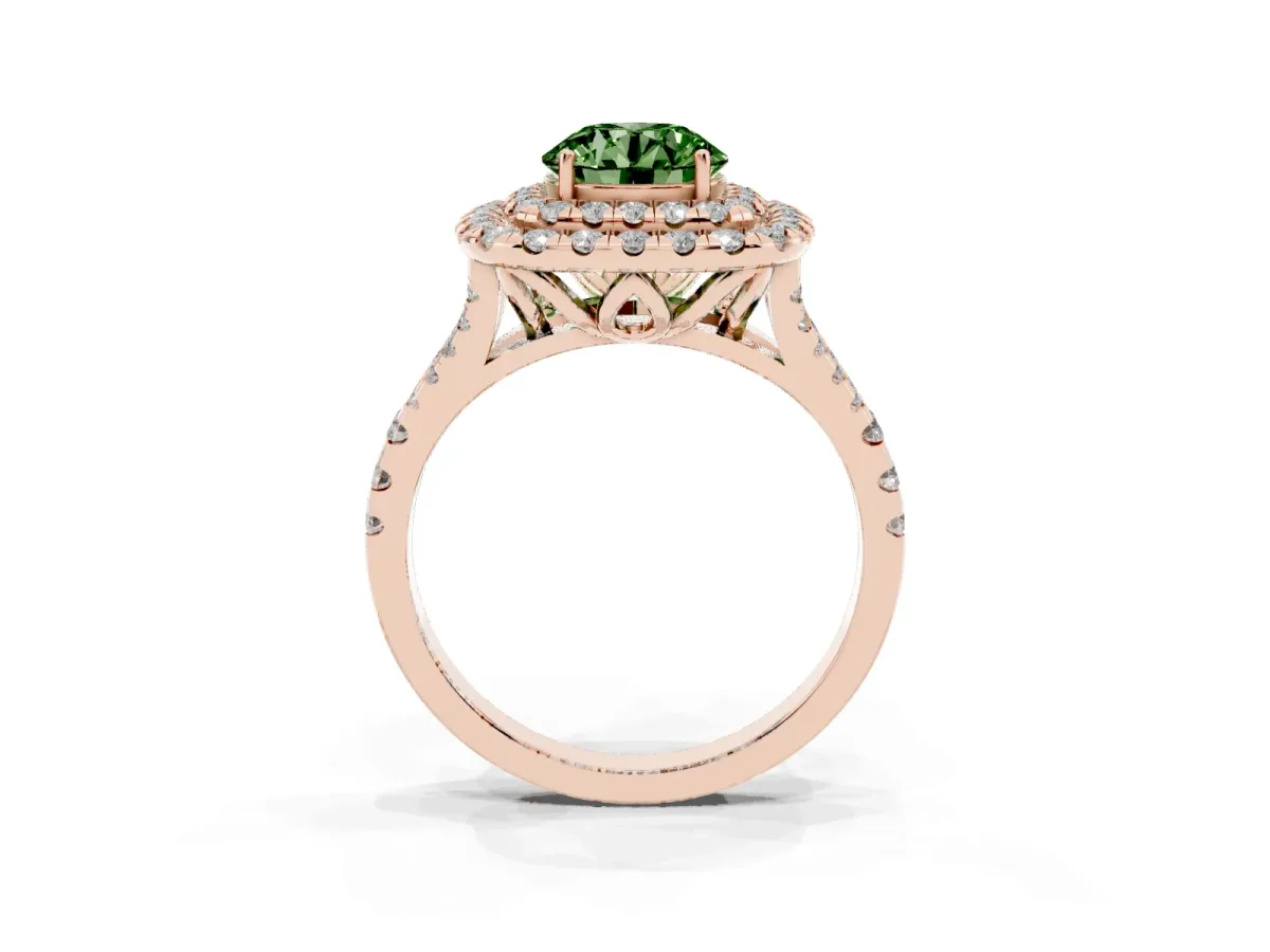 Fancy Green Double Halo Round Cut Diamond Pavé Split Shank Ring with Prong Setting Rose gold