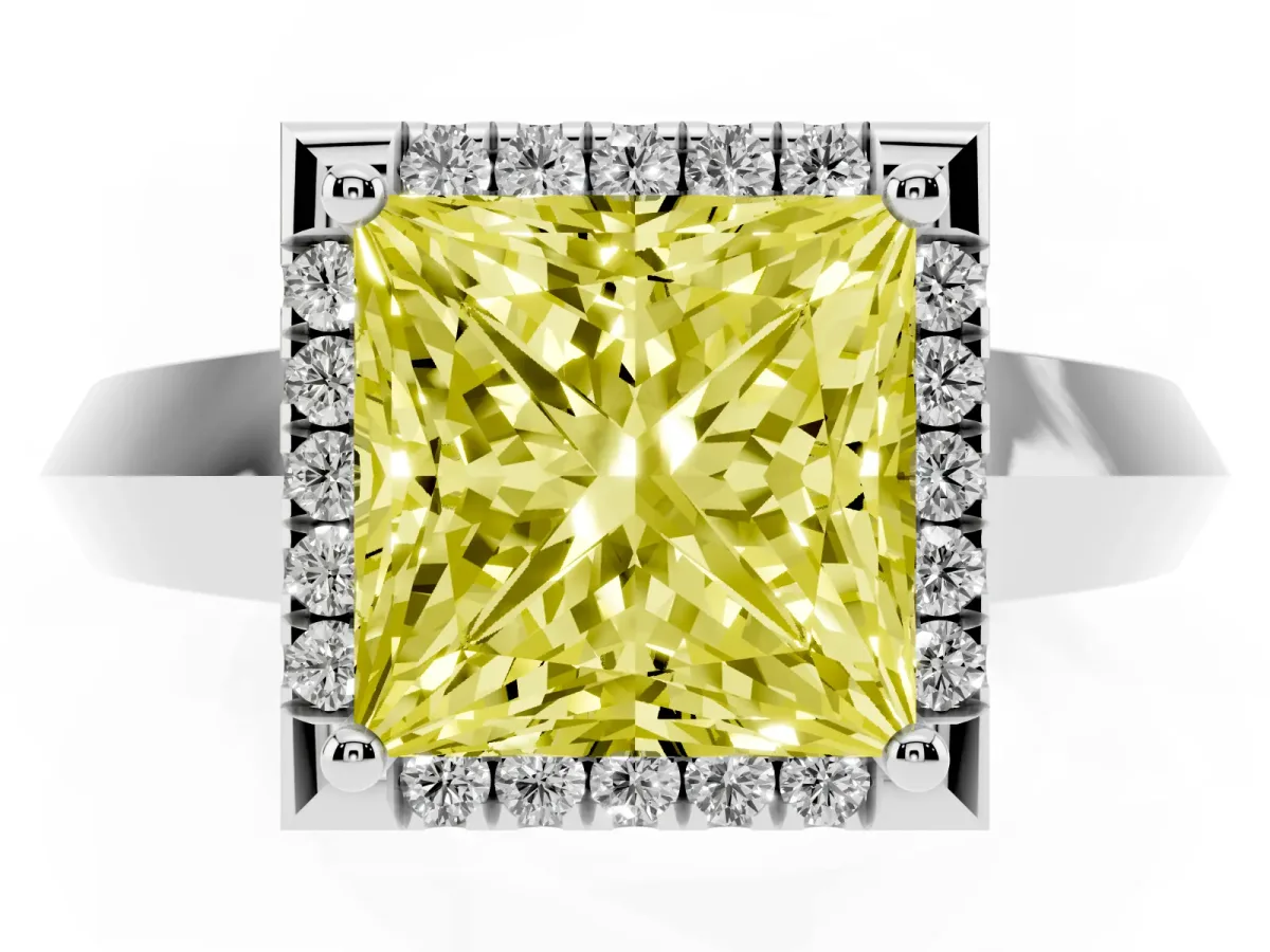 Fancy Yellow Princess Cut Halo Diamond Ring with Cathedral Band and Four-Prong Setting Platinum