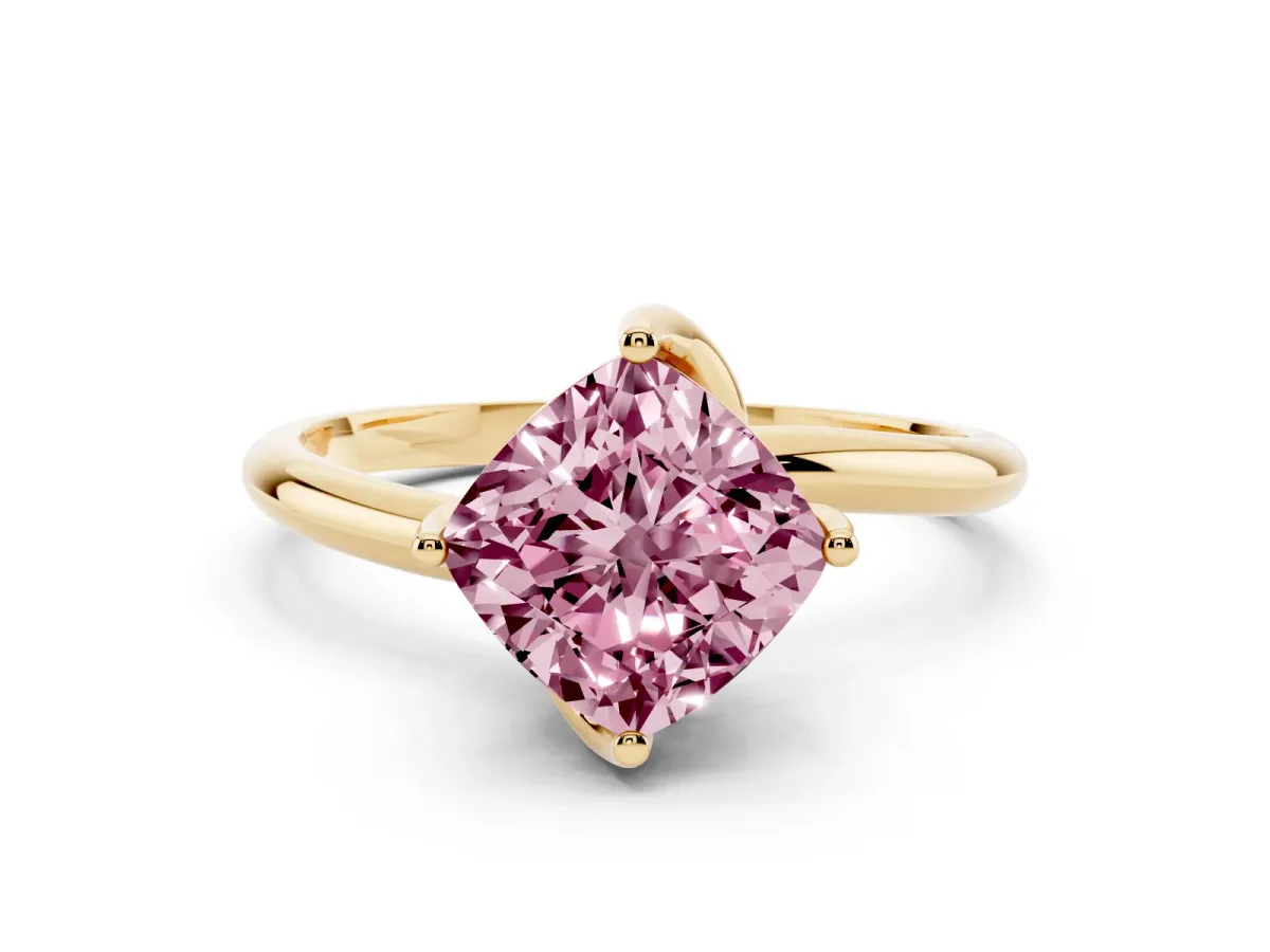 Fancy Pink Cushion Cut Diamond Solitaire Engagement Ring with Four-Prong Setting and Classic Band Yellow gold