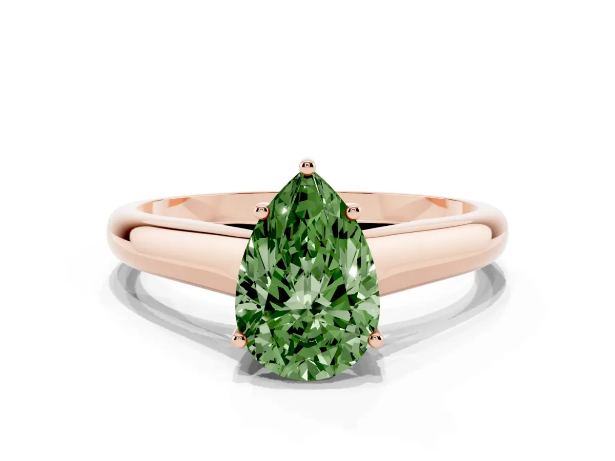 Fancy Green Pear Cut Solitaire Engagement Ring with Tapered Band and Four-Prong Setting Rose gold