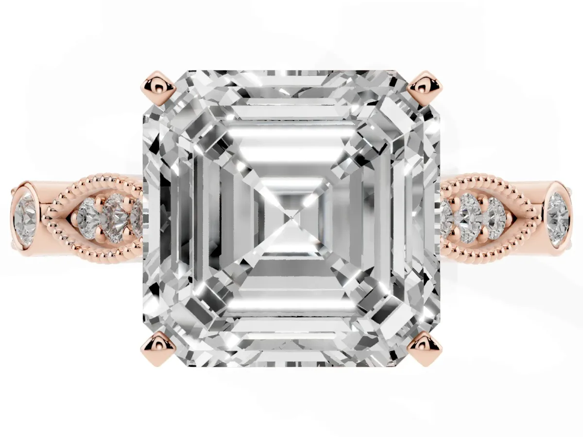 Asscher Cut Cut Diamond with Milgrain Marquise and Bezel Accents on a Solitaire Band with Prong Setting Rose gold