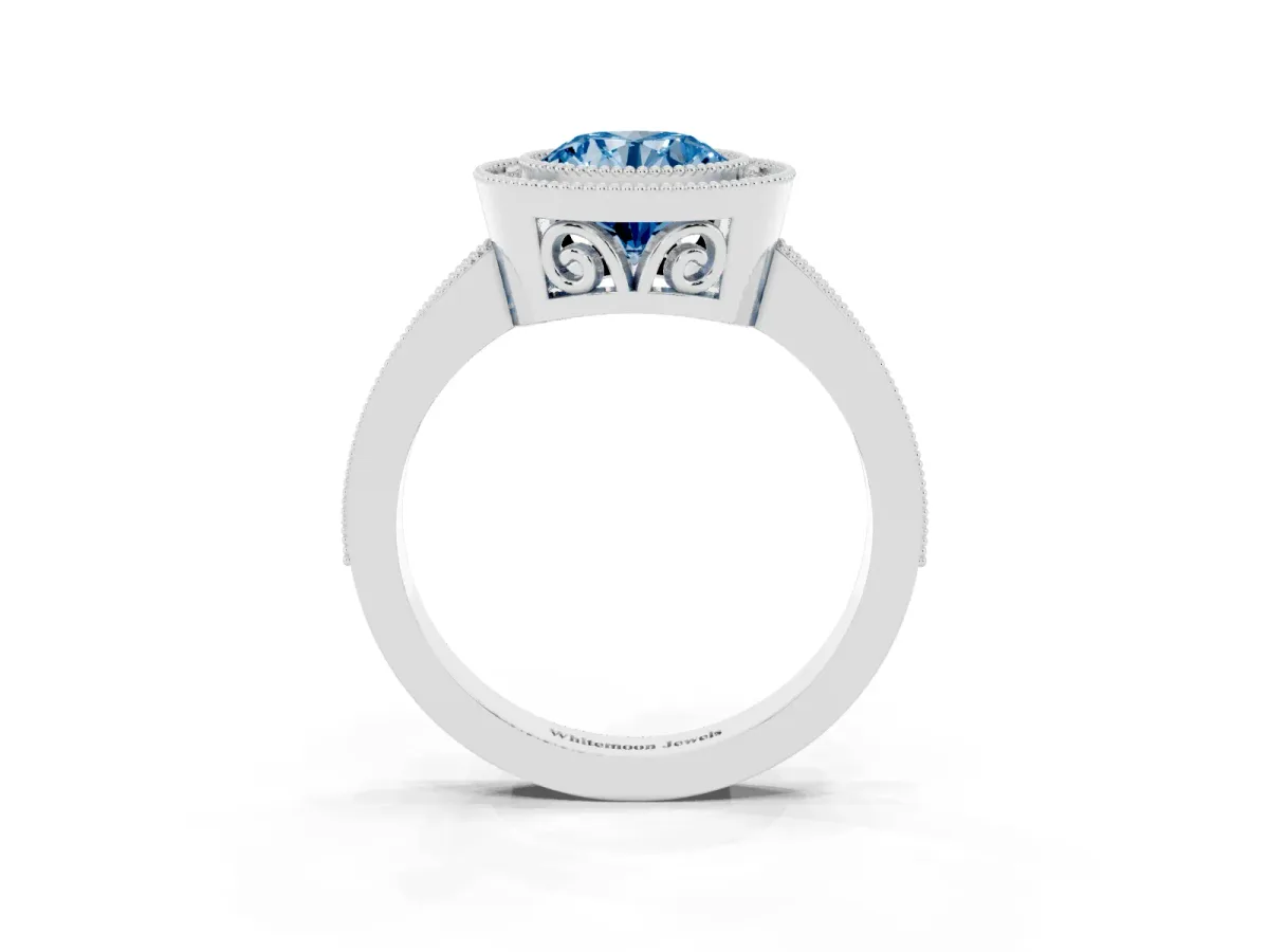 Fancy Blue Round Cut Cut Halo Diamond Ring with Pavé Band and Milgrain Prong Setting White gold