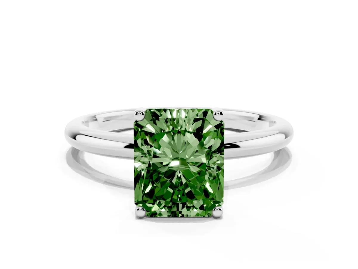 Fancy Green Radiant Cut Cut Solitaire Engagement Ring with Four-Prong Setting and Classic Band White gold