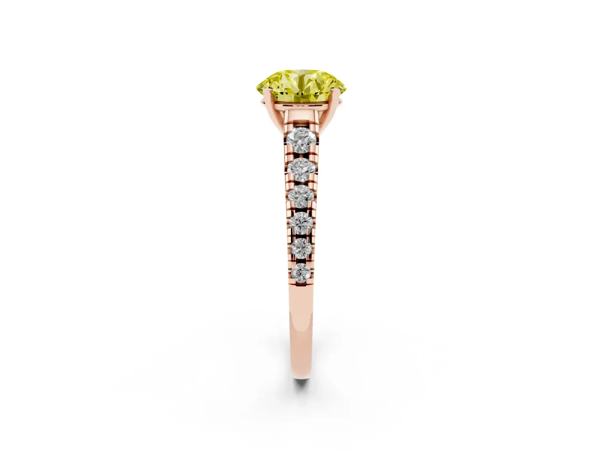 Fancy Yellow Round Cut Diamond Cathedral Solitaire Ring with Round Pavé Band Rose gold