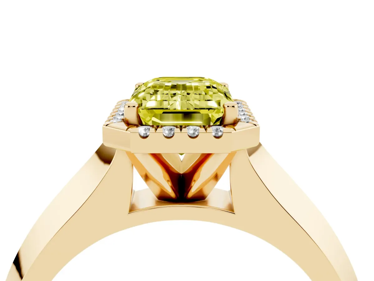 Fancy Yellow Emerald Cut Halo Diamond Ring with Cathedral Band and Four-Prong Setting Yellow gold