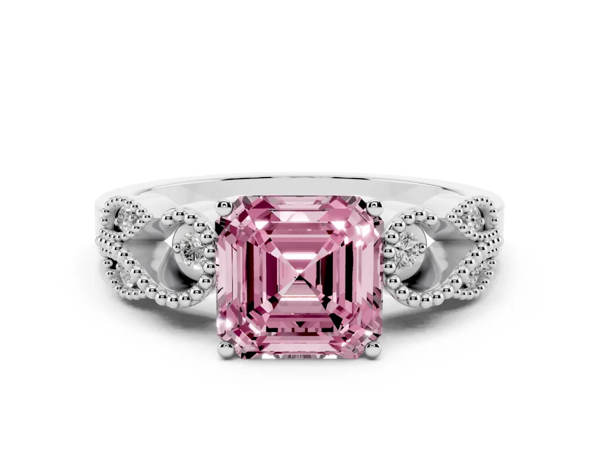 Fancy Pink Asscher Cut Solitaire Milgrain Leaf Band with Prong Setting White gold