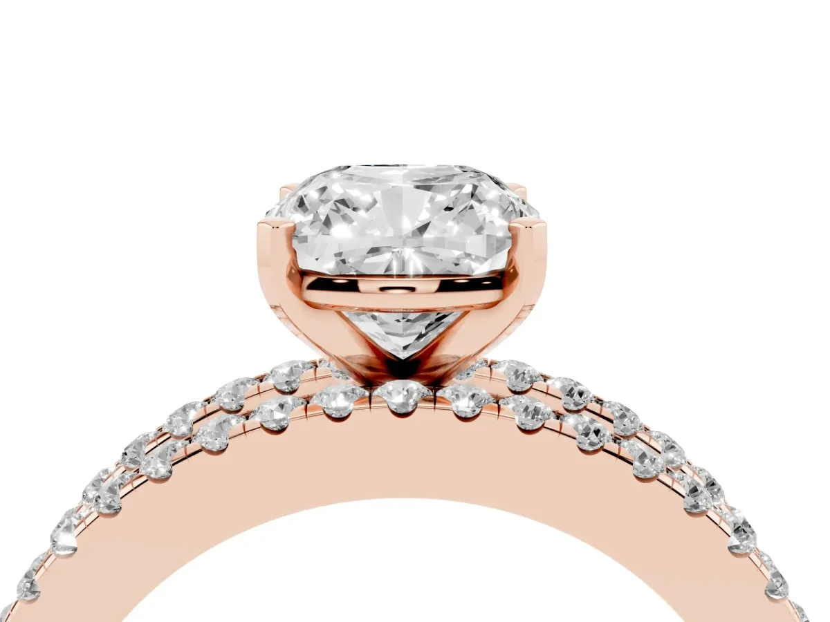 Cushion Cut Diamond Solitaire Ring with Pavé and Channel Set Band Rose gold