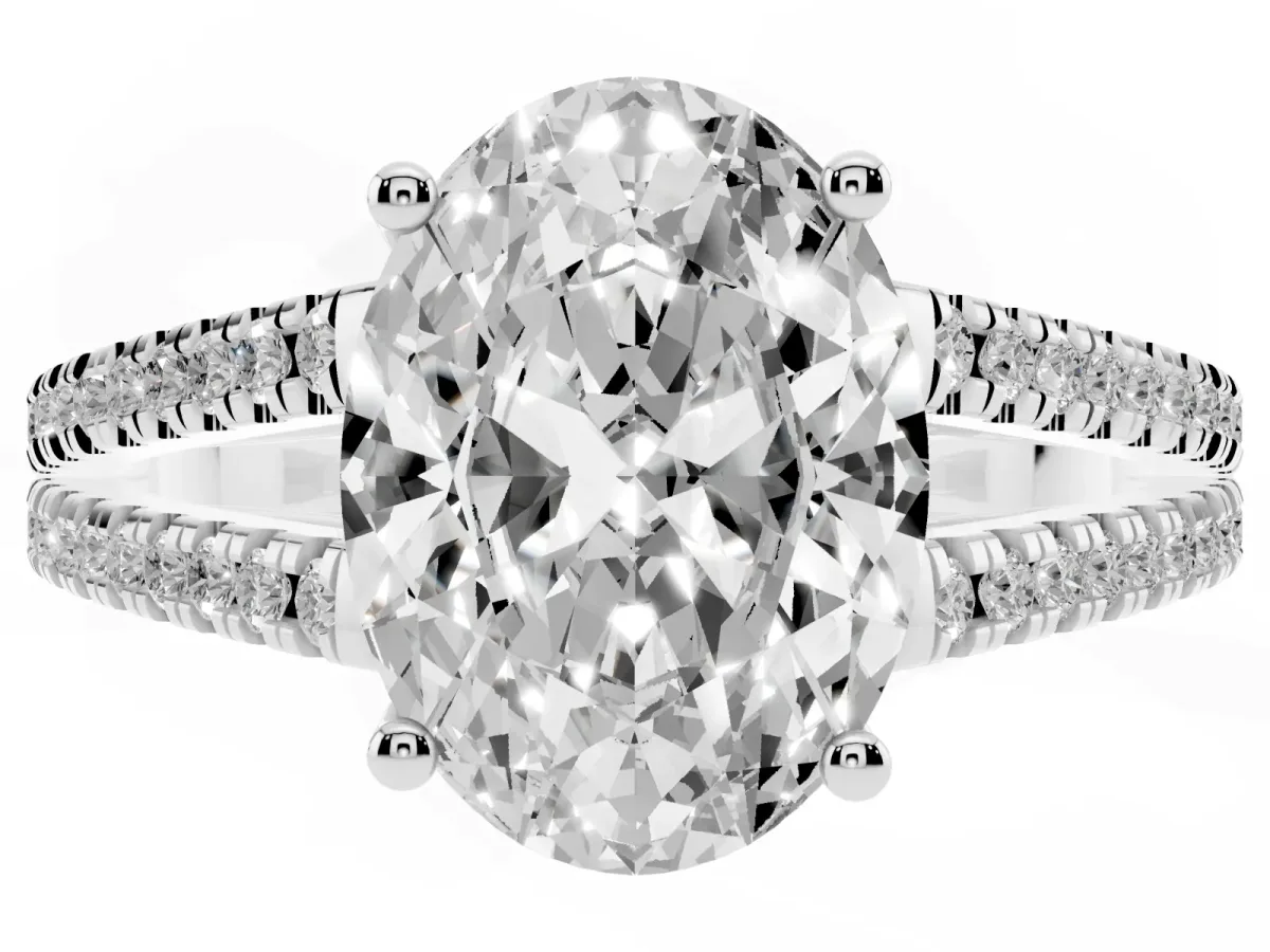 Oval Cut Diamond Solitaire Engagement Ring with Split Shank Pavé Band Silver