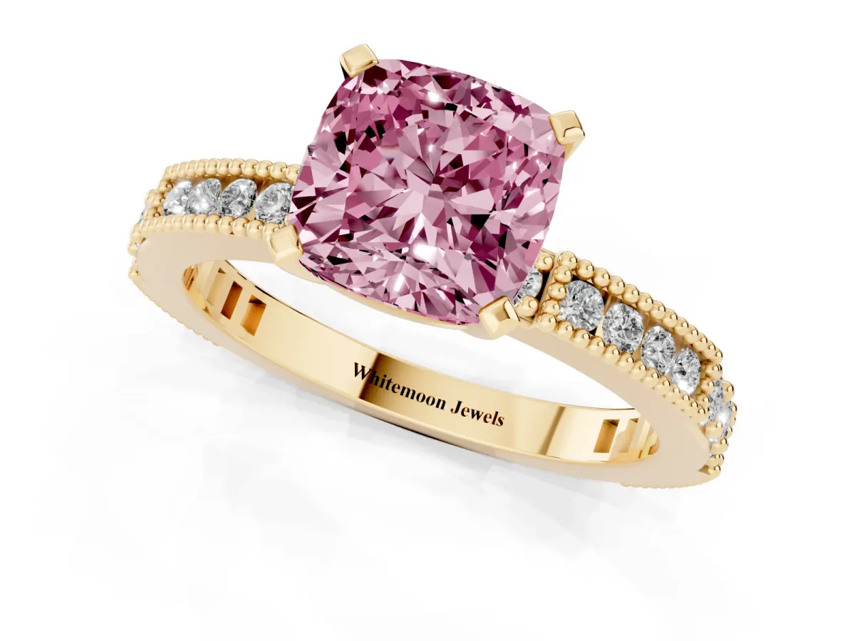 Fancy Pink Cushion Cut Solitaire with Pavé Band and Four-Prong Setting Yellow gold