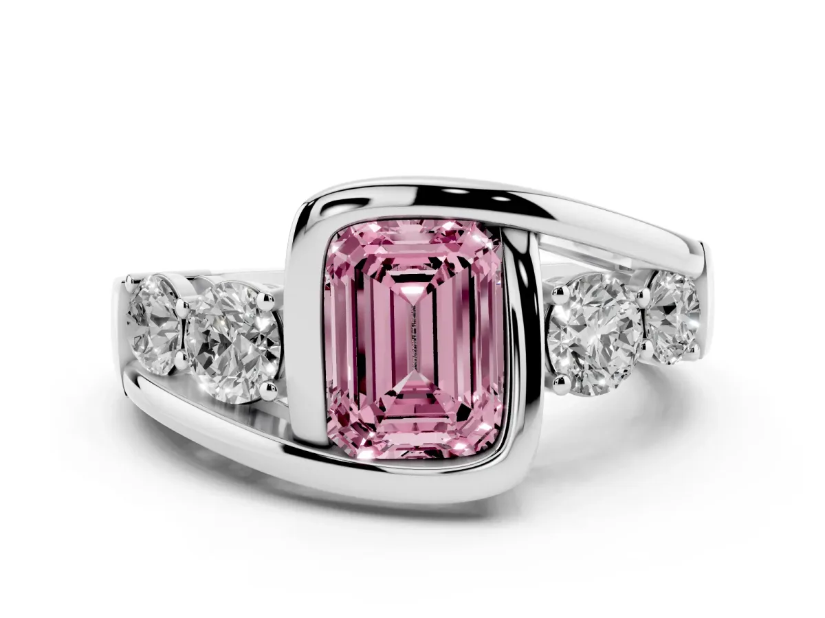 Fancy Pink Bezel Set Emerald Cut Diamond Bypass Ring with Round Accents Platinum