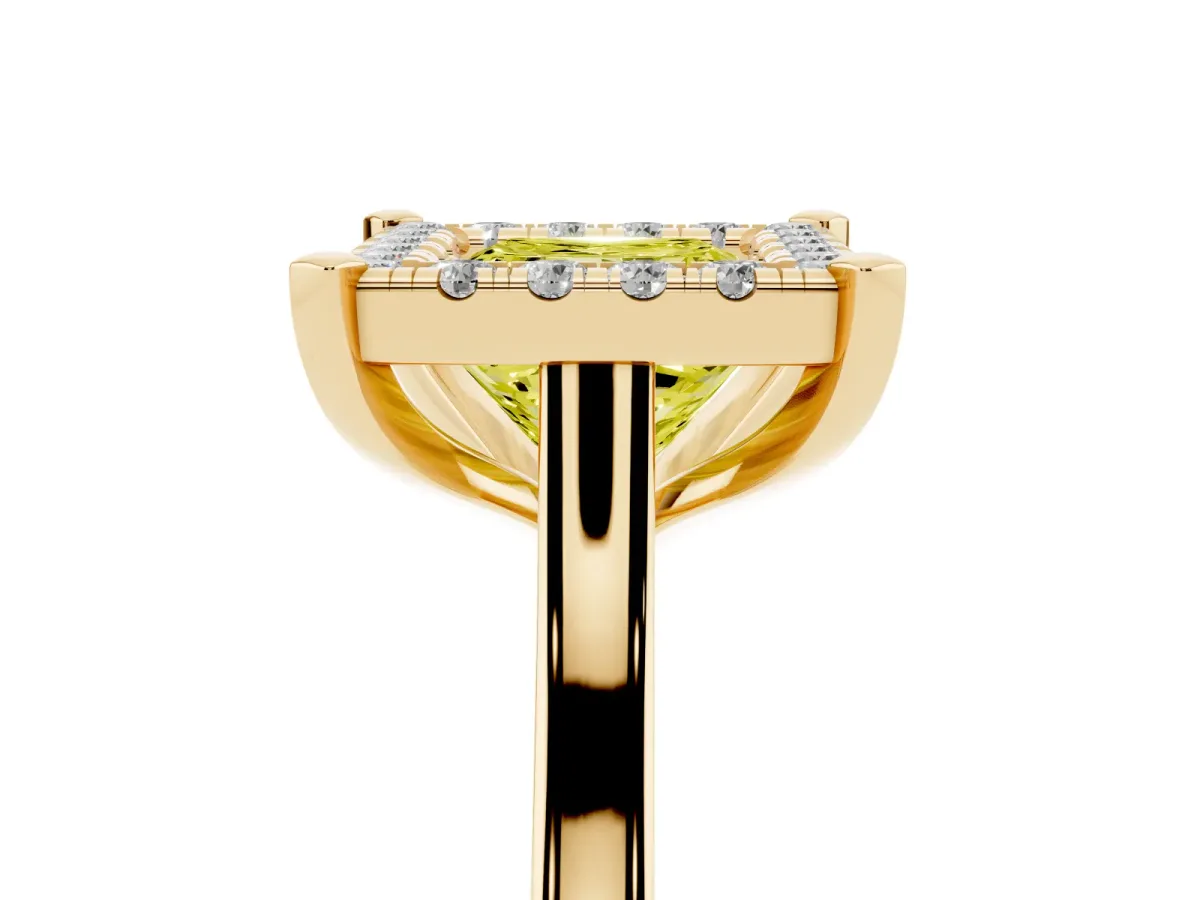 Fancy Yellow Princess Cut Diamond Cluster Halo Solitaire with Four-Prong Setting Yellow gold