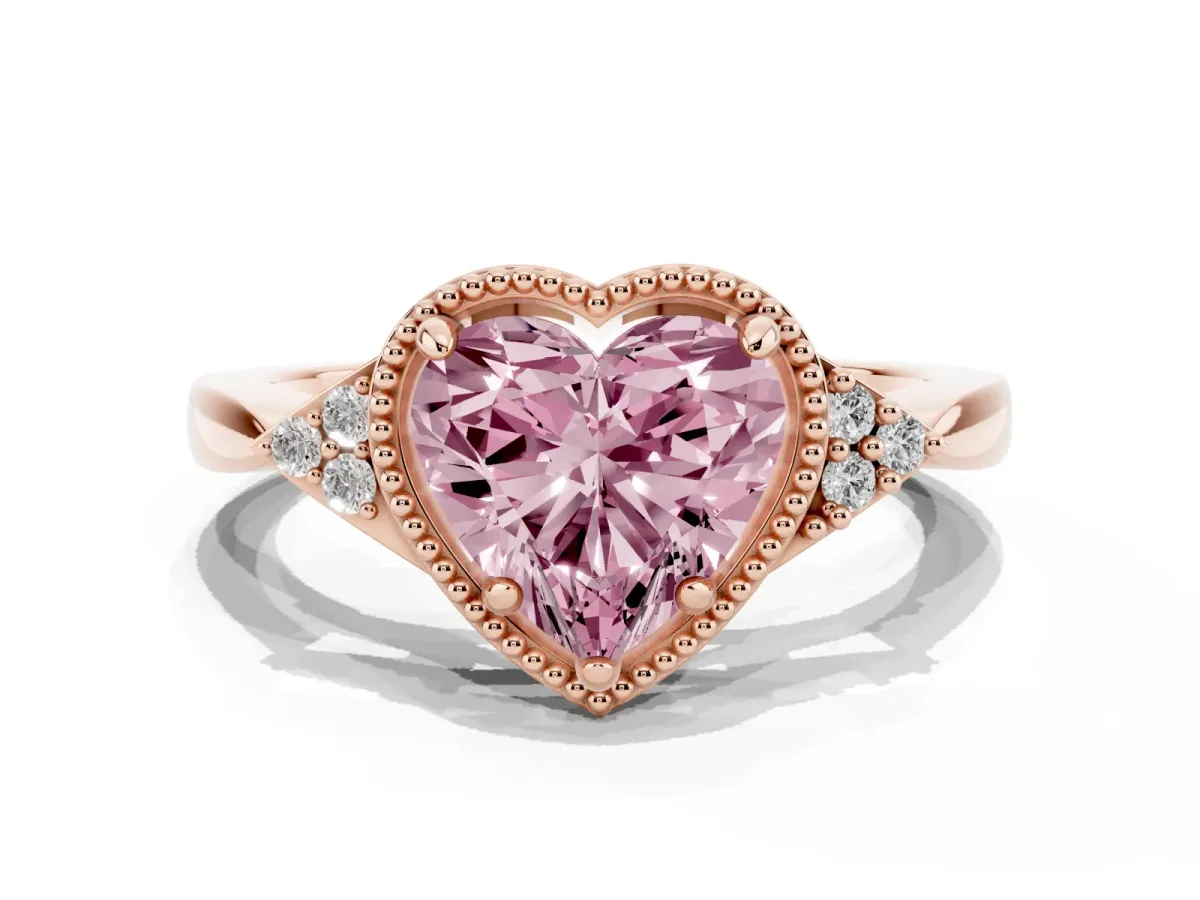 Fancy Pink Milgrain Heart Cut Cut Diamond Ring with Tapered Pave Band and Four Prong Setting Rose gold