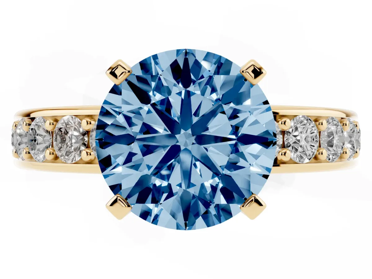 Fancy Blue Round Cut Diamond Engagement Ring with Channel Set Round Band and Prong Setting Yellow gold