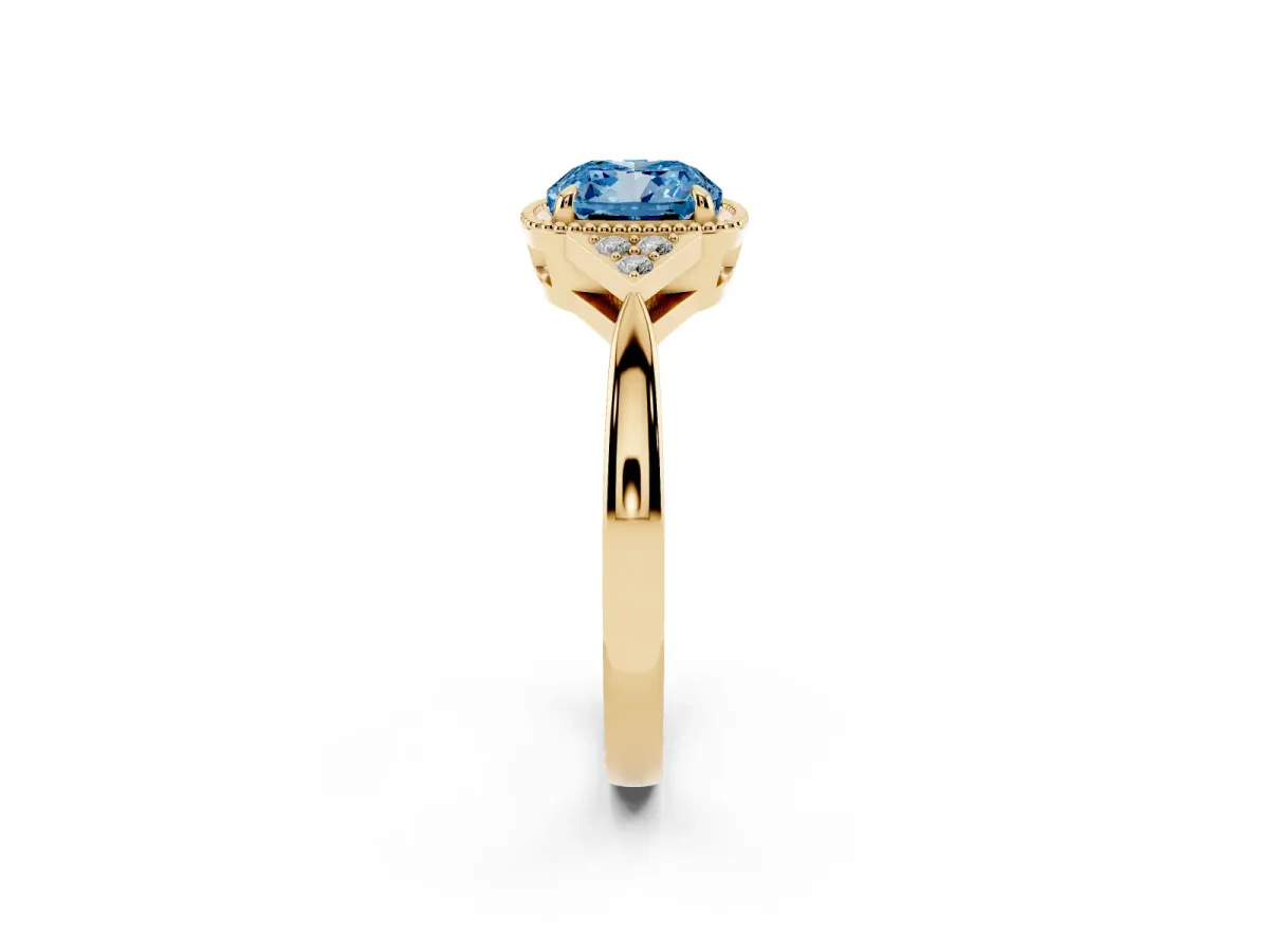 Fancy Blue Hexagonal Halo Cushion Cut Diamond Solitaire with Pavé Band and Four-Prong Setting Yellow gold