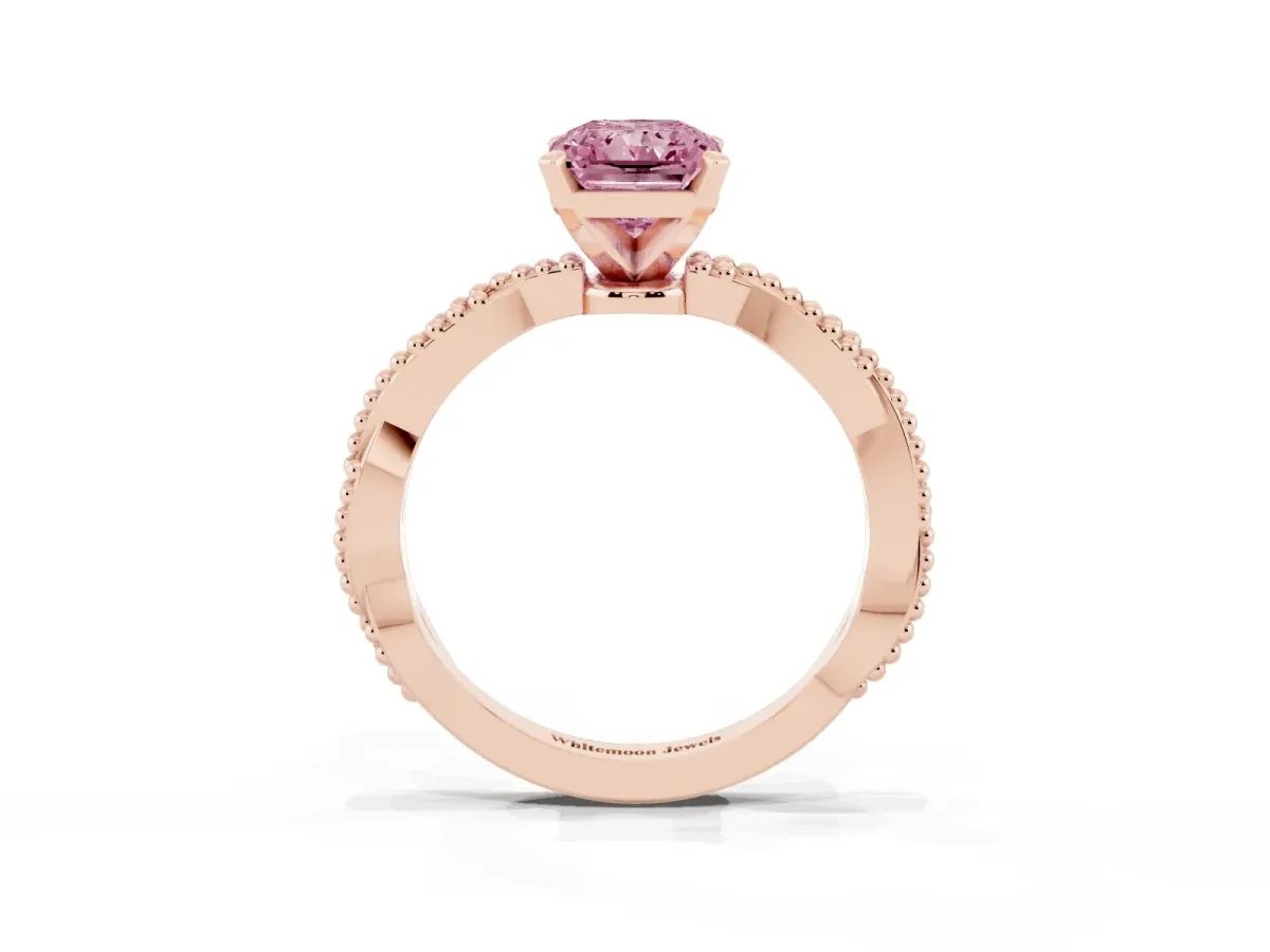 Fancy Pink Radiant Cut Solitaire Twisted Band with Bead Prong Setting Rose gold