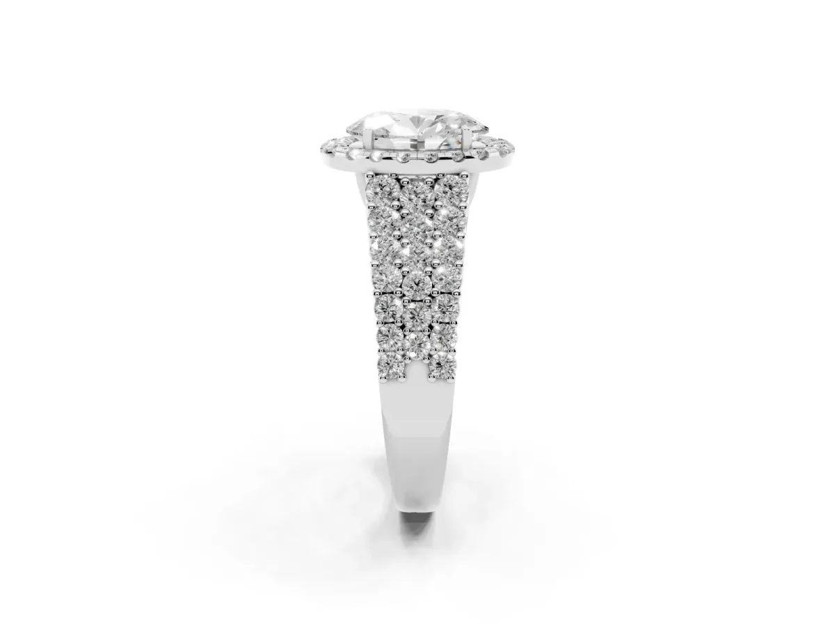 Oval Cut Diamond Halo Engagement Ring with Triple Row Round Pavé Band and Prong Setting Platinum