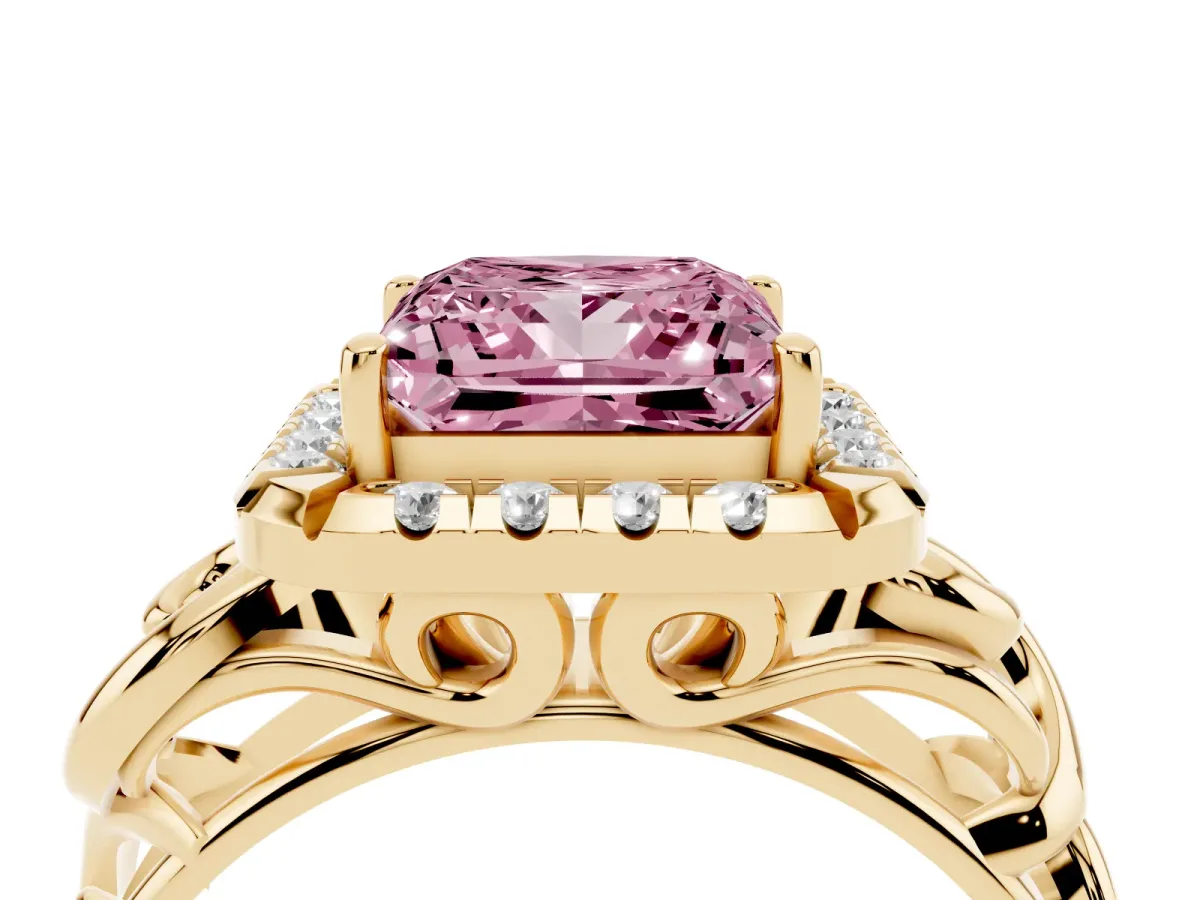 Fancy Pink Princess Cut Cut Halo Diamond Ring with Scrollwork Band and Four-Prong Setting Yellow gold