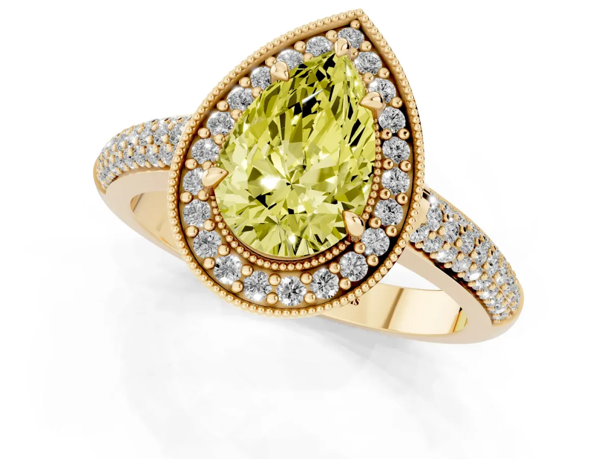 Fancy Yellow Pear Cut Cut Halo Diamond Pave Band with Four-Prong Setting Yellow gold