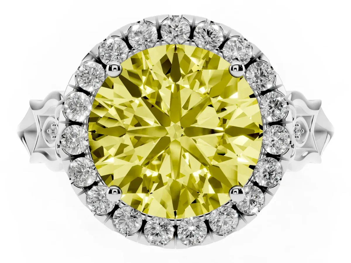 Fancy Yellow Round Cut Halo Diamond Engagement Ring with Filigree Band and Four-Prong Setting Platinum