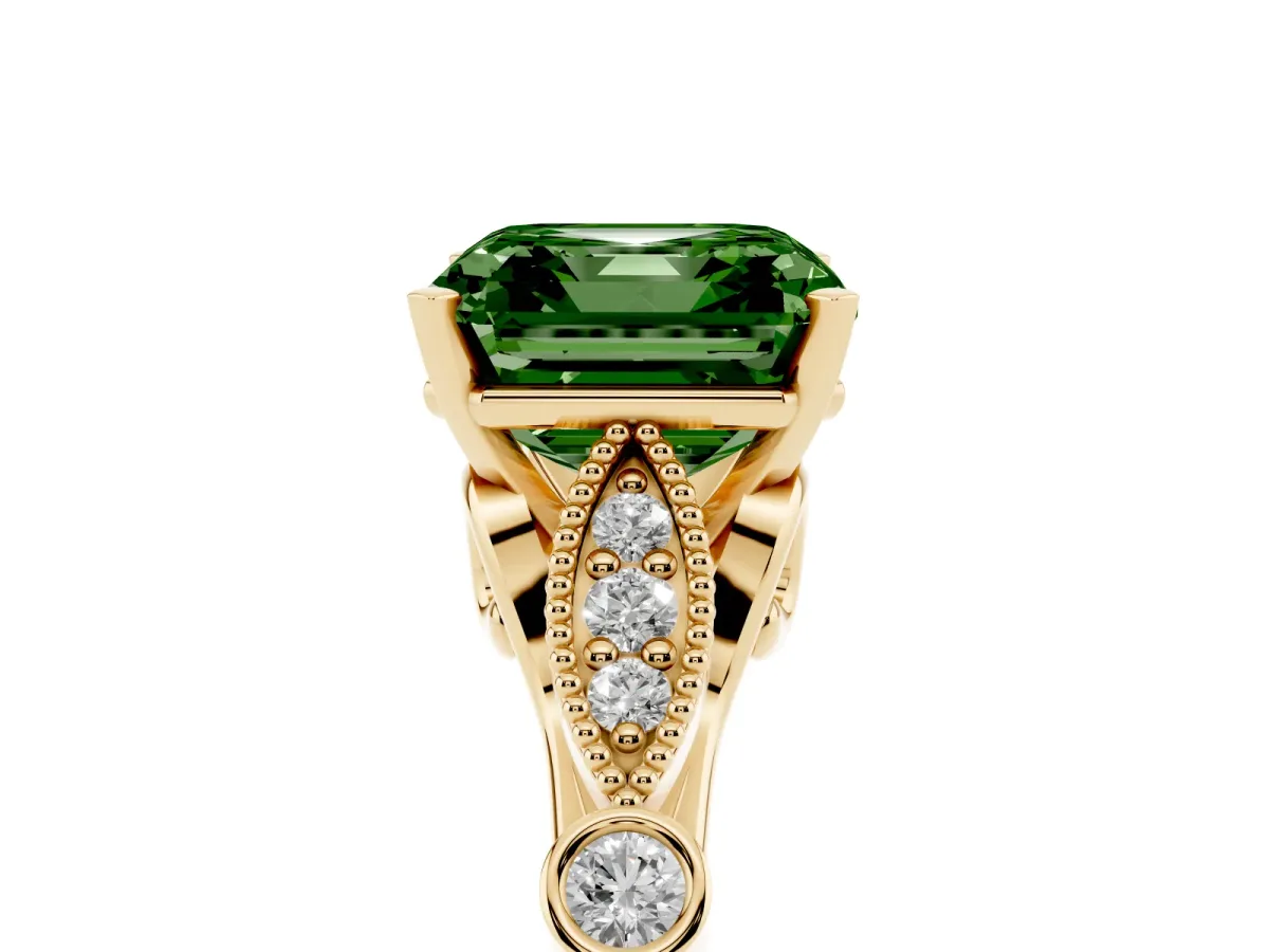 Fancy Green Asscher Cut Cut Diamond with Milgrain Marquise and Bezel Accents on a Solitaire Band with Prong Setting Yellow gold