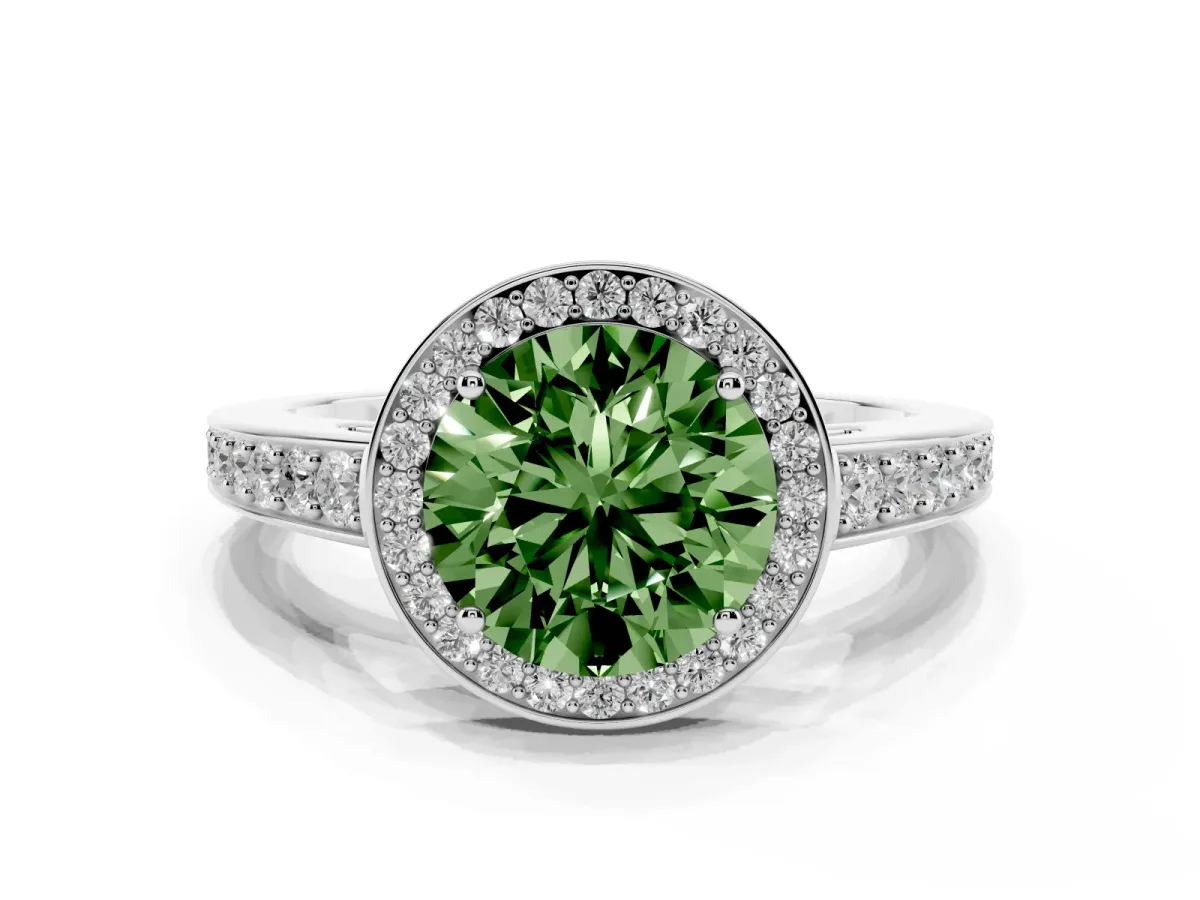 Fancy Green Round Cut Halo Pavé Diamond Engagement Ring with Bezel Setting Silver