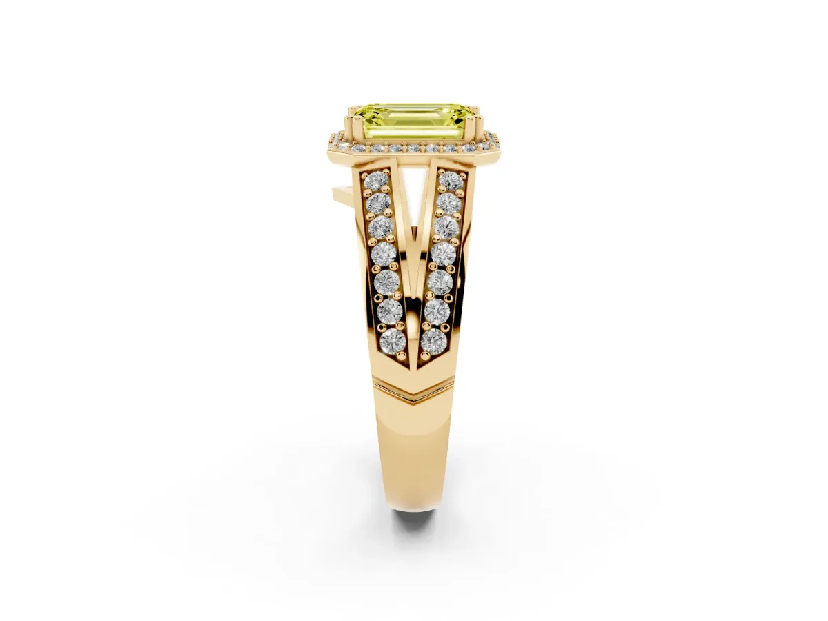 Fancy Yellow Emerald Cut Diamond Halo Ring with Split Shank Pavé Band and Four-Prong Setting Yellow gold
