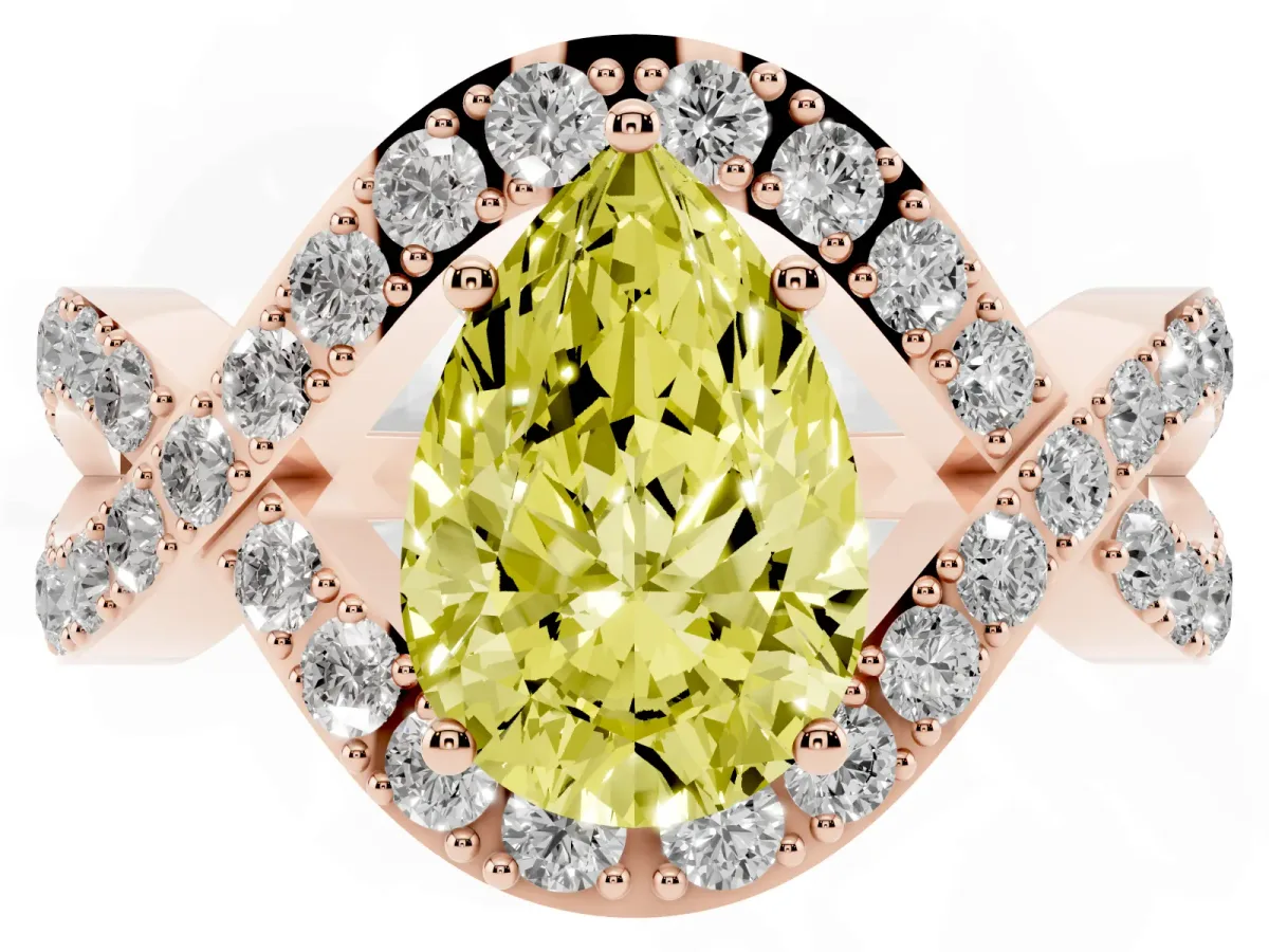 Fancy Yellow Pear Cut Solitaire Twist Band Pavé Diamond Engagement Ring Rose gold