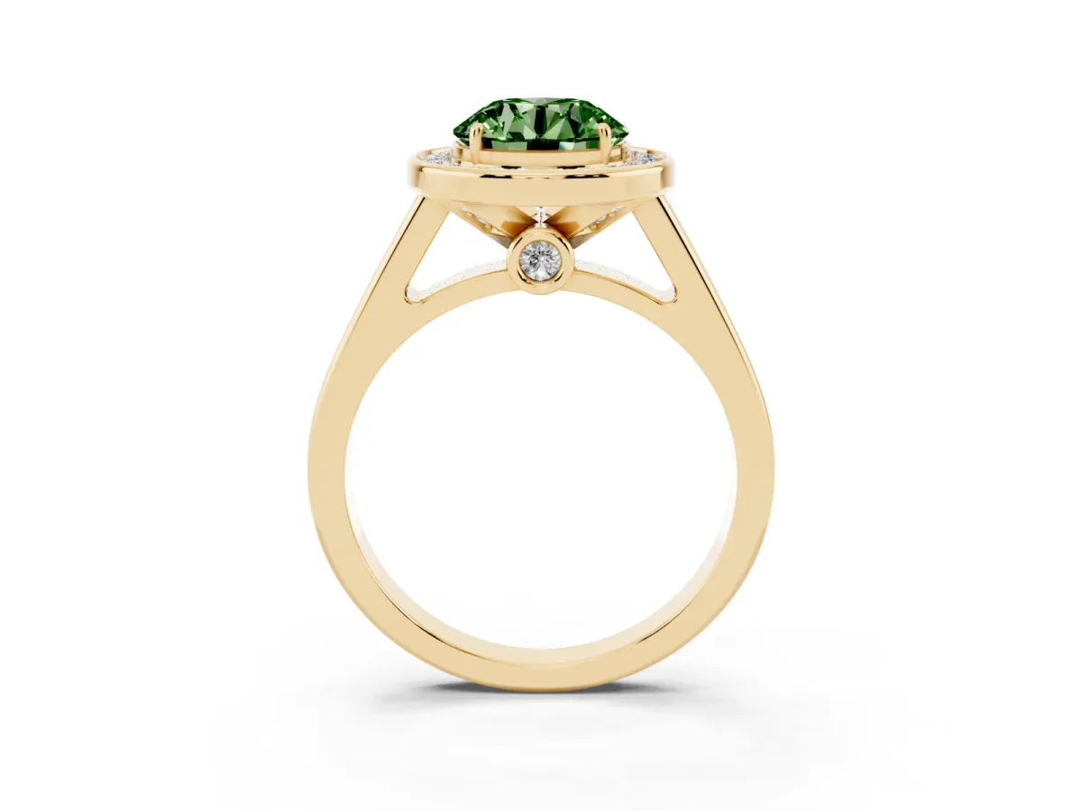 Fancy Green Round Cut Halo Solitaire Diamond Ring with Pave Band and Bezel Setting Yellow gold