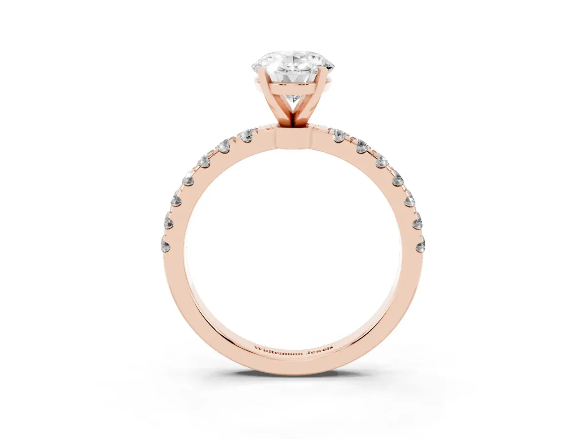 Oval Cut Diamond Solitaire Ring with Pavé Accents and Four-Prong Setting Rose gold