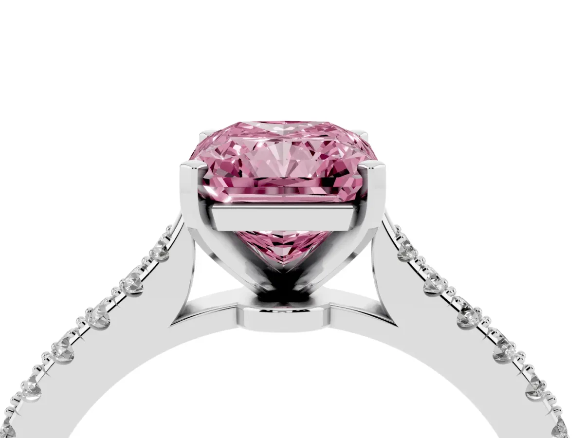 Fancy Pink Radiant Cut Cut Solitaire Diamond Engagement Ring with Pave Band and Four-Prong Setting Platinum