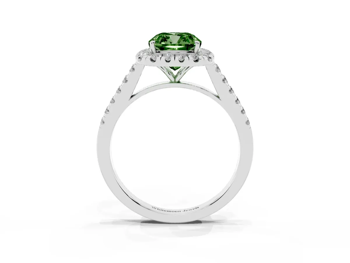 Fancy Green Cushion Cut Halo Pave Diamond Engagement Ring with Four-Prong Setting Platinum